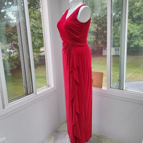 CHAPS Dark Red Stretch Jersey Faux Wrap Ruched Maxi Dress - Picture 6 of 11